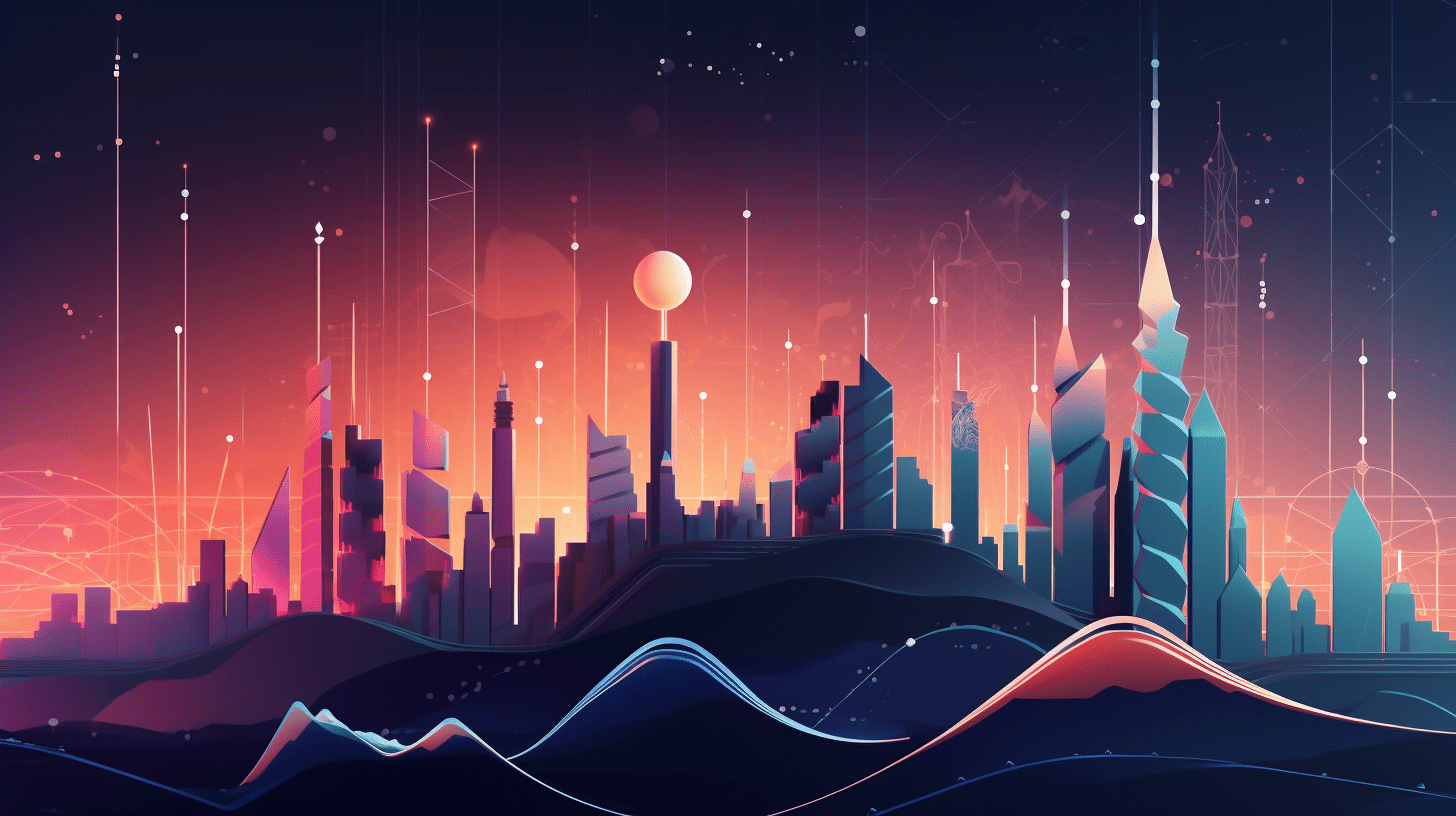 A futuristic skyline representing the growth and success of businesses using AI, with bright arrows and charts indicating progress
