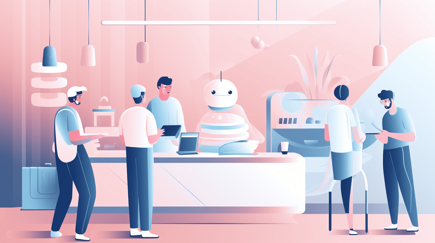 A friendly AI robot assisting a diverse group of small business owners in a bright modern setting